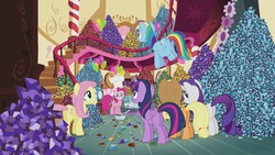Size: 1920x1080 | Tagged: safe, screencap, applejack, fluttershy, pinkie pie, rainbow dash, rarity, twilight sparkle, alicorn, pony, g4, maud pie (episode), balcony, balloon, bed, blue, bowl, candy, candy cane, chef's hat, colorful, cupcake, detailed, female, green, grin, hat, heart, imminent stuffing, mare, mirror, pile, purple, red, rock candy, safety goggles, sheepish, spiral, stairs, stars, surprised, table, teddy bear, twilight sparkle (alicorn), yellow