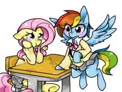 Size: 2000x1500 | Tagged: safe, artist:chadzuke kariudo, fluttershy, rainbow dash, pegasus, pony, g4, blushing, bow, chair, clothes, desk, female, lesbian, mare, miniskirt, pencil, pixiv, pleated skirt, school uniform, ship:flutterdash, shipping, simple background, skirt, transparent background