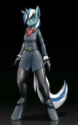 Size: 1209x1920 | Tagged: safe, artist:krd, oc, oc only, oc:skyfall, unicorn, anthro, unguligrade anthro, anthro oc, clothes, colored, cravat, female, gloves, latex, latex gloves, solo, suit