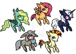 Size: 1280x899 | Tagged: safe, artist:ivyhaze, oc, oc only, alicorn, bat pony, donkey, hybrid, pegasus, pony, unicorn, adoptable, alicorn oc, mohawk