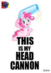 Size: 2480x3508 | Tagged: safe, artist:jowyb, pinkie pie, g4, female, headcannon, high res, image macro, meme, party cannon, pun, solo