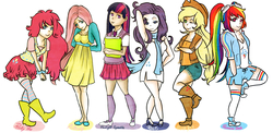 Size: 1500x730 | Tagged: safe, artist:membrillita, applejack, fluttershy, pinkie pie, rainbow dash, rarity, twilight sparkle, human, g4, clothes, converse, cowboy vest, dress, goggles, humanized, line-up, mane six, necktie, pigtails, scarf, shoes, short dress, skirt, socks, striped socks, sweater vest, sweatershy, twintails