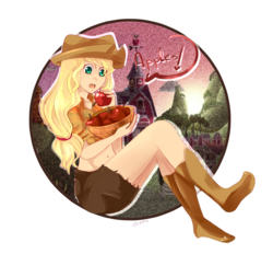 Size: 1641x1521 | Tagged: safe, artist:w-lanier, applejack, human, g4, apple, basket, belly button, boots, carrying, female, front knot midriff, humanized, midriff, out of frame, partial background, solo