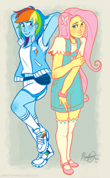 Size: 520x839 | Tagged: safe, artist:octi-chan, fluttershy, rainbow dash, human, g4, belly button, clothes, humanized, mary janes, midriff, overalls, pony coloring, shorts, sneakers, socks