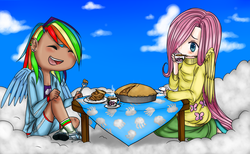 Size: 1270x781 | Tagged: safe, artist:singingcatartist12, fluttershy, rainbow dash, human, g4, clothes, cloud, cloudy, drink, ear piercing, eating, food, hair over one eye, humanized, pie, sitting, sweater, sweatershy, table, tea, winged humanization