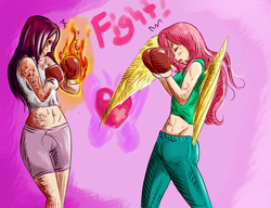 Size: 2600x2000 | Tagged: safe, artist:mysterious44, fluttershy, human, g4, belly button, boxing, clothes, crossover, fight, fire, hanako ikezawa, high res, humanized, katawa shoujo, midriff, tank top