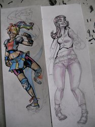 Size: 774x1032 | Tagged: safe, artist:kineticnovels, rainbow dash, twilight sparkle, human, g4, bookmark, clothes, humanized, knee pads, photo, traditional art, vest, wip