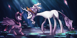 Size: 1600x800 | Tagged: safe, artist:heilos, tree of harmony, twilight sparkle, oc, oc:harmony (heilos), alicorn, classical unicorn, pony, g4, princess twilight sparkle (episode), big crown thingy, cloven hooves, crepuscular rays, elements of harmony, eye contact, featured image, female, flower, flower in hair, horn, leonine tail, lidded eyes, mare, open mouth, ponified, raised hoof, scene parody, smiling, spread wings, story included, surprised, twilight sparkle (alicorn), unshorn fetlocks, wide eyes