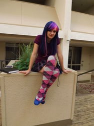 Size: 3216x4288 | Tagged: safe, artist:lilium666, twilight sparkle, human, g4, checkered socks, clothes, cosplay, irl, irl human, photo, skirt, socks, solo