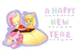 Size: 1748x1181 | Tagged: safe, artist:hana no suke, applejack, fluttershy, pinkie pie, g4, apple, kotatsu, pixiv, sleeping