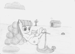 Size: 3507x2550 | Tagged: safe, artist:paskanaakka, derpibooru exclusive, maud pie, g4, maud pie (episode), book, butt, female, high res, hitchhiker's guide to the galaxy, monochrome, pickaxe, plot, reading, sketch, solo, traditional art, vogon poetry