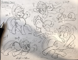 Size: 2389x1824 | Tagged: safe, artist:redapropos, applejack, earth pony, pony, g4, balancing, clumsy, comic, faceplant, falling, female, grayscale, monochrome, nose in the air, pencil drawing, photo, pointy ponies, raised hoof, silly, silly pony, sketch dump, slipping, solo, traditional art, tripping, underhoof, who's a silly pony