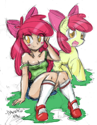 Size: 917x1181 | Tagged: safe, artist:danmakuman, apple bloom, earth pony, human, pony, g4, adorabloom, blushing, cleavage, clothes, cute, female, human ponidox, humanized, kneesocks, mary janes, miniskirt, off shoulder, older, skirt, socks, tank top