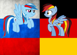 Size: 1010x732 | Tagged: artist needed, safe, rainbow dash, pegasus, pony, g4, female, flag, flying, german dash, germany, looking at each other, looking at someone, mare, nation ponies, raised hoof, russia, russia dash, smiling, spread wings, wings