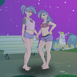 Size: 900x900 | Tagged: safe, artist:kevinsano edits, artist:muh-arts, edit, air way, allie way, pearly whites, human, g4, armpits, barefoot, braces, colored, feet, holding hands, humanized, sisters