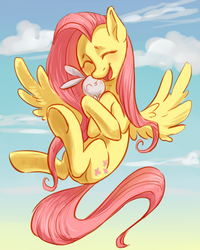 Size: 720x900 | Tagged: safe, artist:lis-alis, angel bunny, fluttershy, pegasus, pony, g4, blushing, cute, eyes closed, female, flying, hug, mare, underhoof