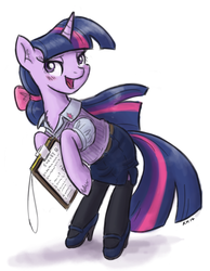 Size: 775x1000 | Tagged: safe, artist:king-kakapo, twilight sparkle, pony, unicorn, g4, clipboard, clothes, dress, female, high heels, school uniform, skirt, solo, stockings, unicorn twilight