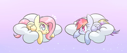 Size: 1280x533 | Tagged: safe, artist:joycall6, fluttershy, rainbow dash, pegasus, pony, g4, blushing, cloud, female, lesbian, looking at each other, mare, ship:flutterdash, shipping