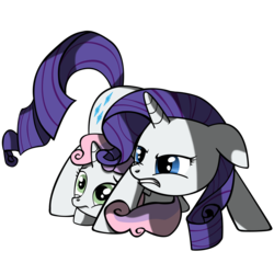 Size: 2500x2500 | Tagged: safe, artist:bigshot232, rarity, sweetie belle, pony, unicorn, g4, big sister instinct, duo, duo female, female, filly, foal, high res, mare, protecting, siblings, simple background, sisters, transparent background