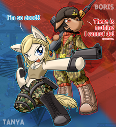 Size: 1823x2000 | Tagged: safe, artist:vavacung, pony, semi-anthro, bipedal, boris (command and conquer), clothes, command and conquer, gun, midriff, ponified, red alert 2, red alert 3, tanya (command and conquer: red alert 3)