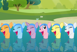 Size: 1280x875 | Tagged: safe, applejack, fluttershy, pinkie pie, rainbow dash, rarity, twilight sparkle, g4, bubble, mane six, singing