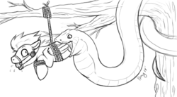 Size: 1029x570 | Tagged: safe, artist:hellonurse, soarin', pegasus, pony, snake, g4, ballgag, bondage, drool, fetish, gag, imminent vore, male, monochrome, peril, rope, scared, stallion, tied up