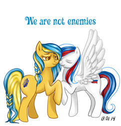 Size: 768x794 | Tagged: safe, artist:themisdolorous, oc, oc:marussia, oc:ukraine, earth pony, pegasus, pony, crimea, duo, duo female, eyes closed, female, harsher in hindsight, lesbian, nation ponies, raised hoof, russia, shipping, smiling, spread wings, ukraine, wingboner