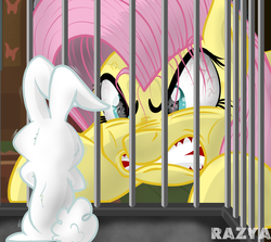 Size: 1122x1000 | Tagged: safe, artist:razya, angel bunny, fluttershy, g4, angelbuse, angry, dark mirror universe, equestria-3, evil, flutterrage