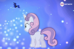 Size: 600x395 | Tagged: safe, screencap, princess luna, sweetie belle, alicorn, pony, unicorn, for whom the sweetie belle toils, g4, season 4, butt, cropped, dream realm, dream walker luna, dreamscape, duo, ethereal mane, female, filly, foal, mare, plot