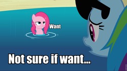 Size: 960x541 | Tagged: safe, edit, edited screencap, screencap, pinkie pie, rainbow dash, earth pony, pegasus, pony, g4, too many pinkie pies, bedroom eyes, duo, female, image macro, mare, meme, not sure if want, pond, varying degrees of want, want, water, wet mane