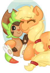 Size: 362x529 | Tagged: safe, artist:hollyhooves, applejack, chespin, g4, crossover, hug, pokémon