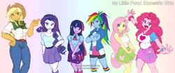 Size: 1565x659 | Tagged: safe, artist:dan-heron, applejack, fluttershy, pinkie pie, rainbow dash, rarity, twilight sparkle, equestria girls, g4, breasts, busty fluttershy, busty pinkie pie, diverse body types, female, mane six, physique difference