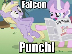 Size: 759x572 | Tagged: safe, edit, edited screencap, screencap, diamond tiara, dinky hooves, g4, ponyville confidential, bipedal, captain falcon, cropped, derp, dinkybuse, duo, falcon punch, female, filly, foal, foal free press, image macro, meme, newspaper, super smash bros.
