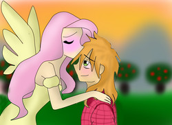 Size: 2338x1700 | Tagged: safe, artist:1231redflame, big macintosh, fluttershy, human, g4, blushing, female, humanized, kissing, male, ship:fluttermac, shipping, straight, winged humanization