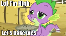 Size: 852x469 | Tagged: safe, spike, g4, spike at your service, high, hub logo, image macro, male, meme, pie, solo, stoner spike