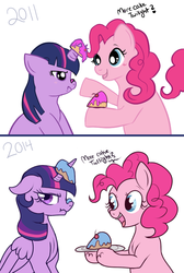 Size: 555x824 | Tagged: safe, artist:lulubell, pinkie pie, twilight sparkle, alicorn, pony, g4, art evolution, cake, draw this again, foodplay, redraw, scrunchy face, simple background, twilight sparkle (alicorn), twilight sparkle is not amused, unamused, white background