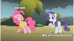 Size: 972x540 | Tagged: safe, edit, edited screencap, screencap, pinkie pie, rarity, dragonshy, g4, aroused, duo, eyes closed, image macro, implied lesbian, implied raripie, implied shipping, looking at you, meme, mouth hold, nom, raised eyebrow, rubber chicken, shrug, smiling
