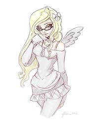 Size: 1639x2048 | Tagged: safe, artist:noflutter, derpy hooves, human, g4, clothes, female, glasses, humanized, necklace, off shoulder, skirt, solo, winged humanization