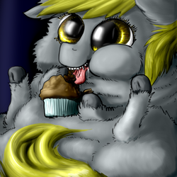 Size: 500x500 | Tagged: safe, artist:shadysmarty, derpy hooves, fluffy pony, pegasus, pony, g4, drool, female, fluffyderpy, mare, muffin, solo