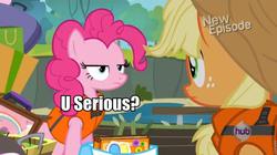 Size: 960x538 | Tagged: safe, applejack, pinkie pie, g4, my little pony: friendship is magic, pinkie apple pie, image macro, lifejacket, meme, unamused