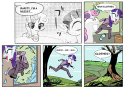 Size: 720x514 | Tagged: safe, artist:jeroom, rarity, sweetie belle, pony, unicorn, g4, comic, crossing the memes, exploitable meme, female, filly, many many pony, mare, meme, mug, muh clothes, running dad, spit take, we don't normally wear clothes