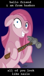 Size: 300x514 | Tagged: safe, artist:texasuberalles, pinkie pie, earth pony, pony, g4, banhammer, cease and desist, drama, female, hammer, pinkamena diane pie, solo