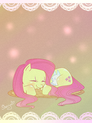 Size: 1200x1600 | Tagged: safe, artist:nyako-shoyu, angel bunny, fluttershy, pony, rabbit, g4, animal, duo, sleeping, smiling