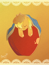 Size: 1200x1600 | Tagged: safe, artist:nyako-shoyu, applejack, earth pony, pony, g4, apple, blanket, female, food, giant apple, sleeping, solo