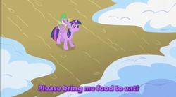 Size: 855x474 | Tagged: safe, edit, edited screencap, screencap, spike, twilight sparkle, dragon, pony, unicorn, g4, winter wrap up, female, literal, male, mare, purple text, text, unicorn twilight, youtube link