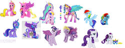 Size: 6152x2392 | Tagged: safe, princess cadance, princess celestia, princess luna, rainbow dash, rarity, twilight sparkle, alicorn, pony, g4, alternate color palette, blue wings, brushable, colored wings, comparison, fail, female, hasbro, mare, pinklestia, recolor, toy, trollestia, twilight sparkle (alicorn), wings