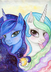 Size: 1024x1448 | Tagged: safe, artist:czbaterka, princess celestia, princess luna, g4, colorful, sisters, traditional art, watercolor painting