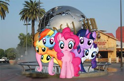 Size: 3468x2264 | Tagged: safe, artist:pinetr33, artist:snipernero, applejack, fluttershy, pinkie pie, rainbow dash, rarity, twilight sparkle, g4, high res, irl, mane six, photo, ponies in real life, tree, truck, universal studios, vector, water fountain