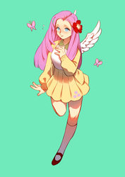 Size: 1000x1410 | Tagged: safe, artist:garaktob, fluttershy, butterfly, human, g4, clothes, female, humanized, pixiv, skirt, solo, sweater, sweatershy, winged humanization