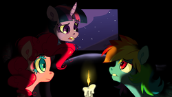 Size: 1280x720 | Tagged: safe, artist:xenon, fluttershy, pinkie pie, rainbow dash, twilight sparkle, g4, my little pony: friendship is magic, over a barrel, candle, colored eyelashes, dark, eyelashes, glowing, scene interpretation